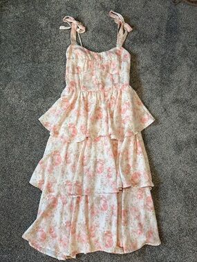 Altar'd State Cream Floral Tiered Midi Dress with Pink Roses